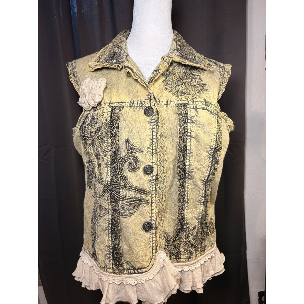 Y2K Boho Embroidered Ruffle Vest Fairy Grunge Cottagecore Lace Floral Bohemian
